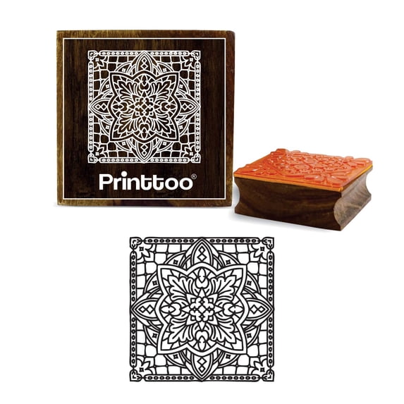 Printtoo Floral Mandala Stamp Brown Wooden Square Christmas Secret Santa Gift Stamps-5 x 5 Inches