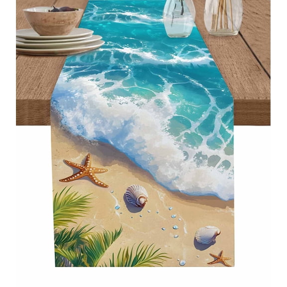 ERUNPONLY Beach Coastal Table Runner - 60 Inch Long Aqua Summer Nautical Seaside Starfish Cotton and Linen Blended Dress Scarves Farmhouse Table Runner for Kitchen Dining, Coffee Table, 13"x60"