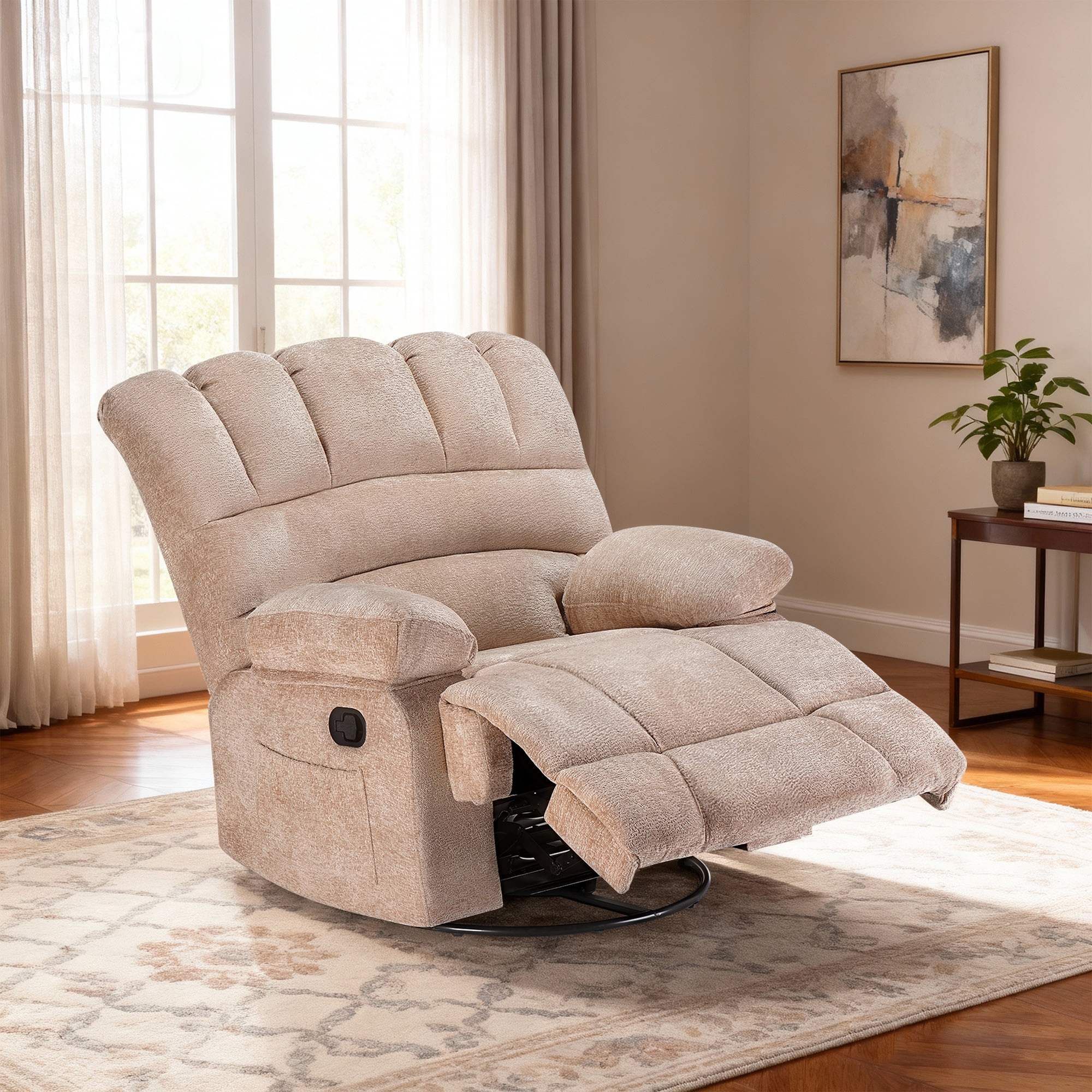 MAYEERTY Beige Oversized Swivel Rocker Recliner Sofa for Adults, Chenille, Perfect for Living Room