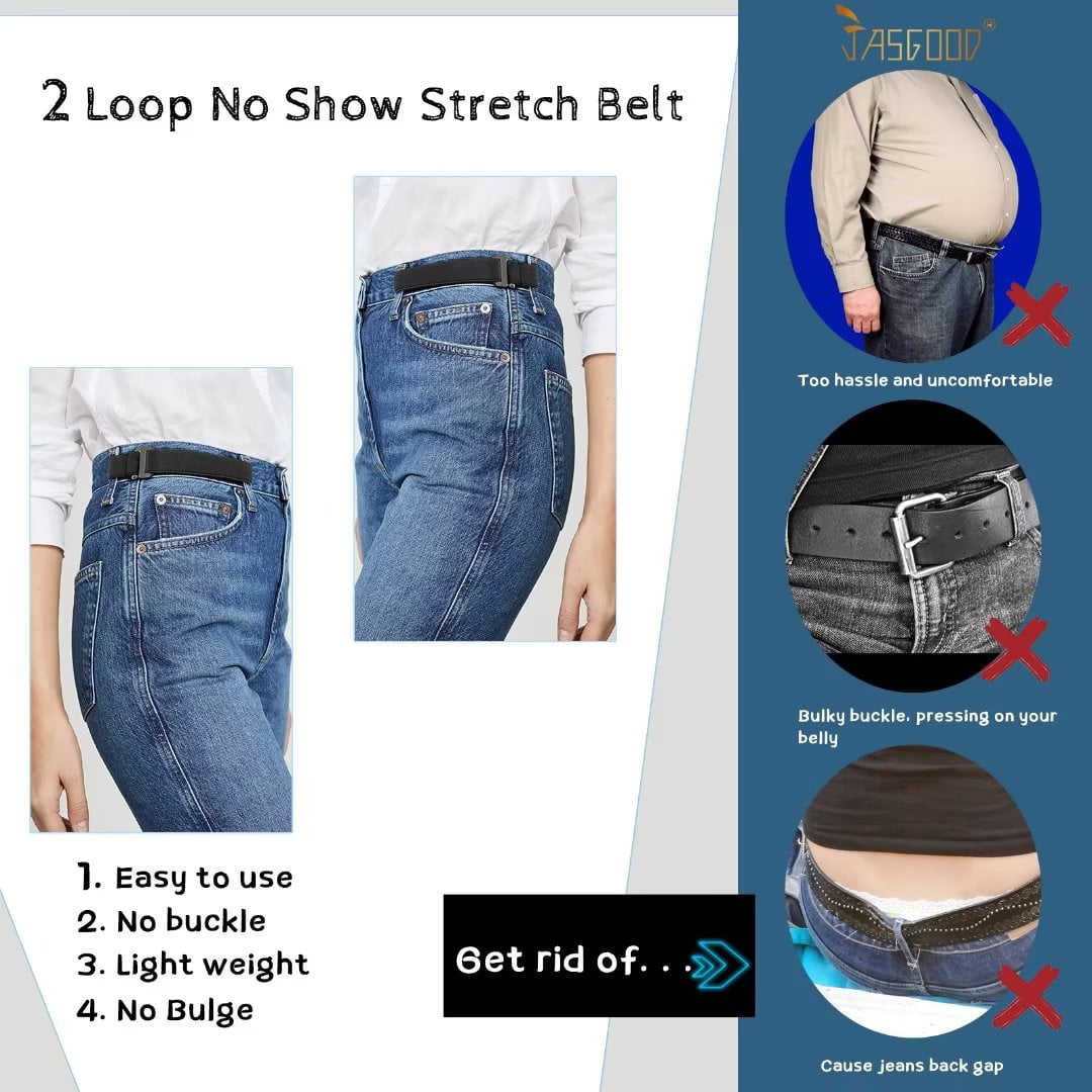 Jasgood 4Packs No Show Women Belts Stretch Invisible Elastic Web Strap Belt for Jeans Pants, Women's, Size: 110cm, Black