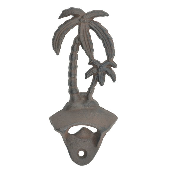 Wall Mount Bottle Opener - Palm Trees - Distressed Brown Cast Iron - 6" Tall