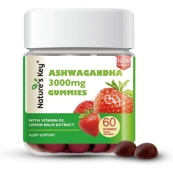 Nature's Key Upgraded Ashwagandha Gummies, 3000mg Extra Potency Ashwagandha Supplement | with Vitamin D2, Lemon Balm, & Black Pepper ，for Stress Relief and Good Sleep (60 Count, Pack of 1)