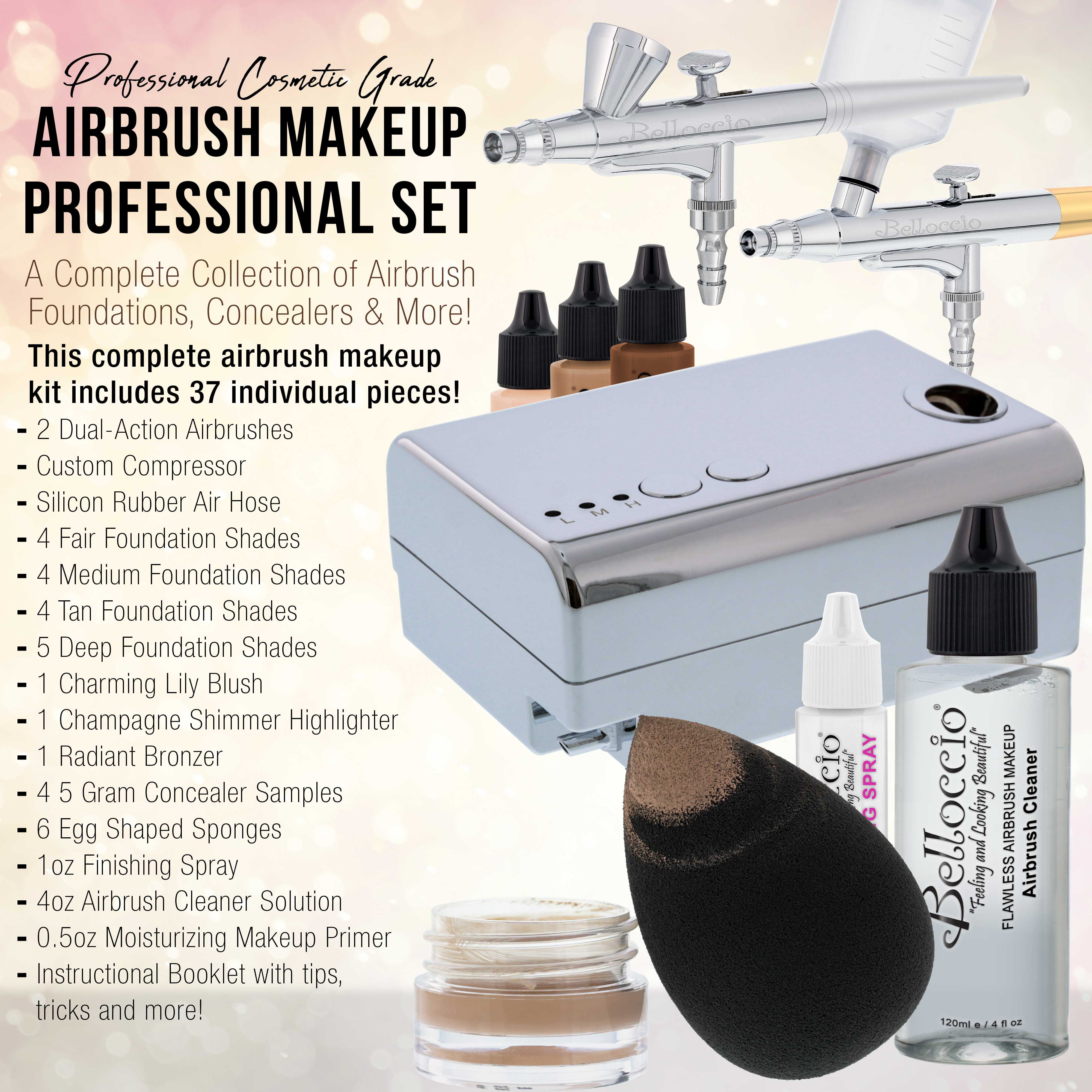 Belloccio Professional Beauty Airbrush Cosmetic Makeup System with 4 Medium  Shades of Foundation in 1/4 Ounce Bottles - Kit Includes Blush, Bronzer