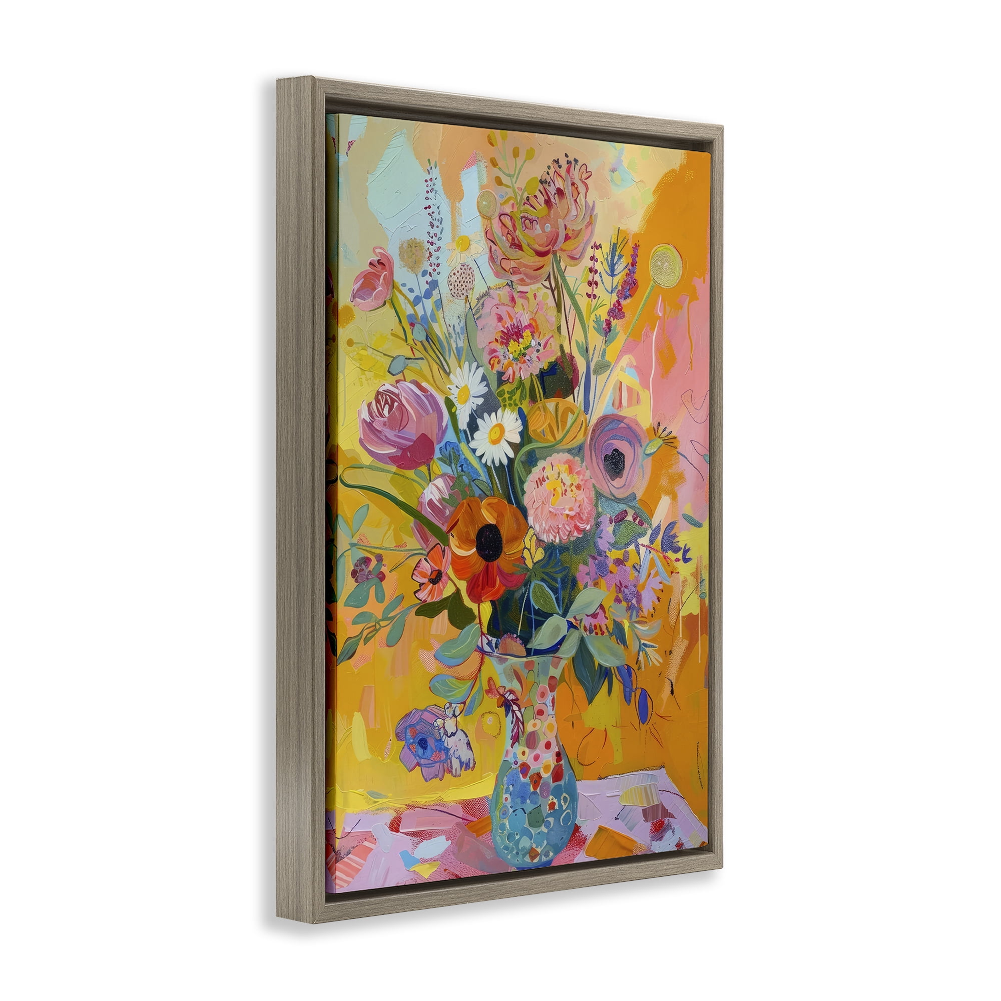 Stupell Industries Bright Hued Mod Bouquet Plants & Flowers Painting Brown Floater Framed Canvas Art Print Wall Art, 21 x 31