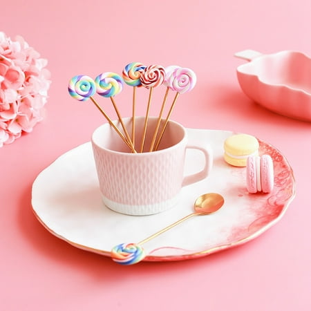 

8PCS Rainbow Lollipop Spoon Stainless Steel Coffee Stirring Spoon Dinner Fruit Fork Teaspoon Dessert Tea Scoop -Gold