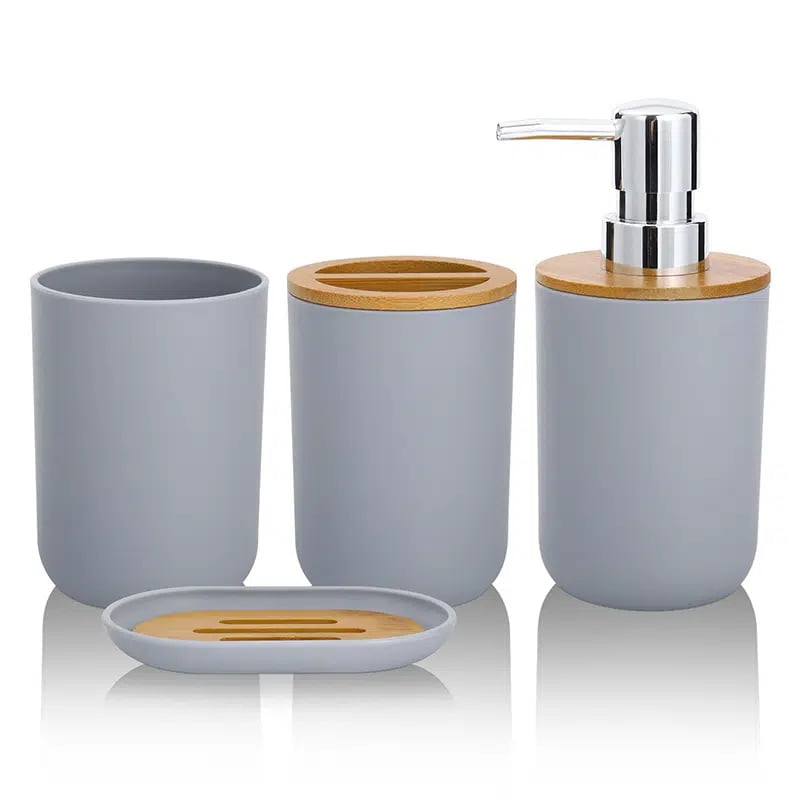 Bathroom Accessories Set 4 Pcs Bamboo Bathroom Sets, Soap Dispenser