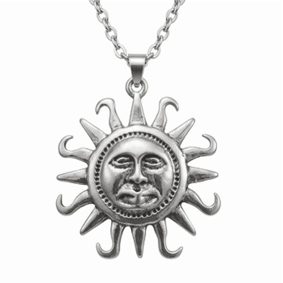 Sun Face Pendant Necklace Stainless Steel 18 Inch Cable Chain Silver Tone Vintage Celestial Jewelry Gift Mens Accessory