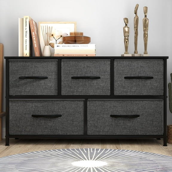 Uforic Wide 5 Drawer Storage Organizer Wooden Top Shelf for Closets, Black Grey