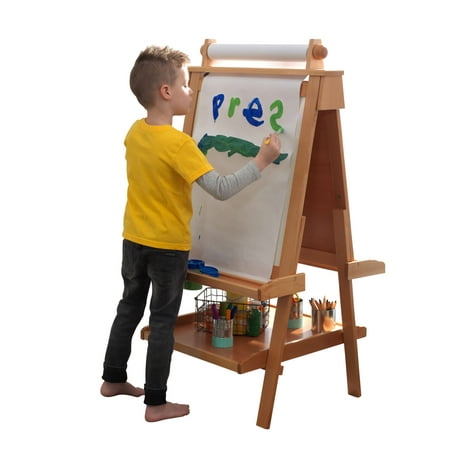KidKraft Deluxe Wooden Easel with Chalkboard and Dry Erase Surfaces, Paper Roll and Paint Cups - Natural