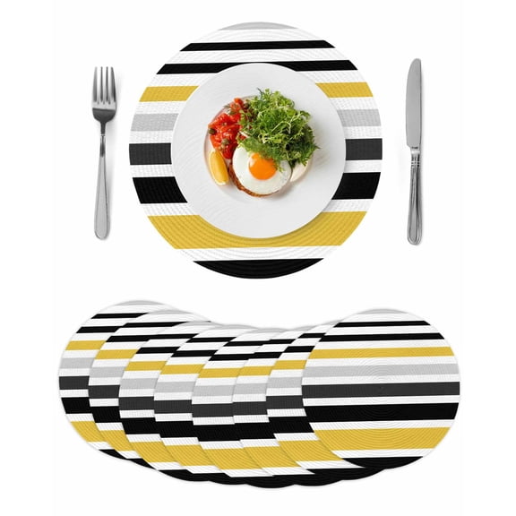 Yellow Black Stripe Round 13 Inch Placemats Set of 8, Modern Abstract Art Coarse Striped HeatResistant Non Slip Place Mats for Dining Table, Wipeable Braided Kitchen Table Mats for Housewarming