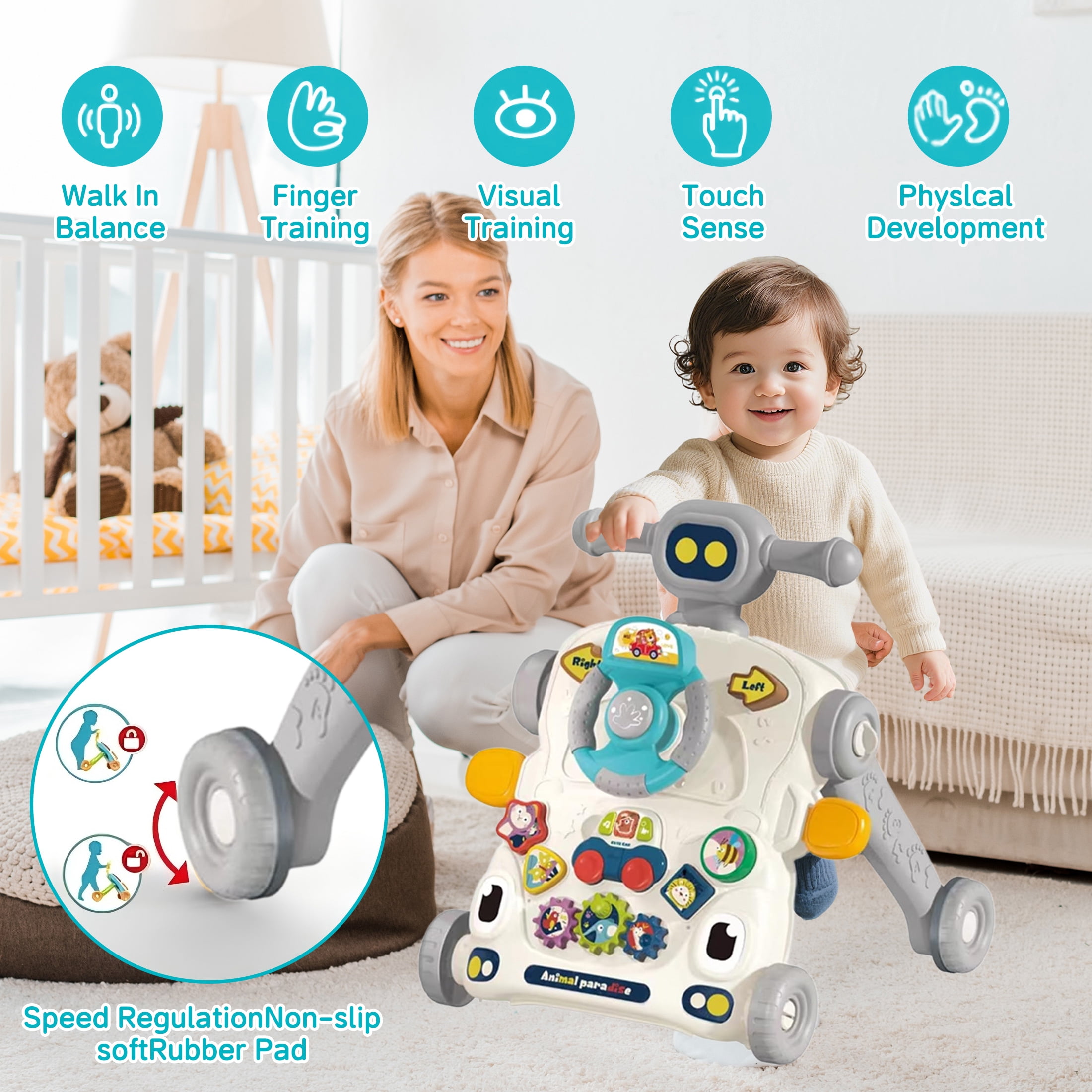 KOPPOP Baby Walker, 3-in-1 Activity Center and Learning Walker Sit-to-Stand Toy with Music & Lights, Foldable Push Toy for Infant Toddler 9+ Months, Grey