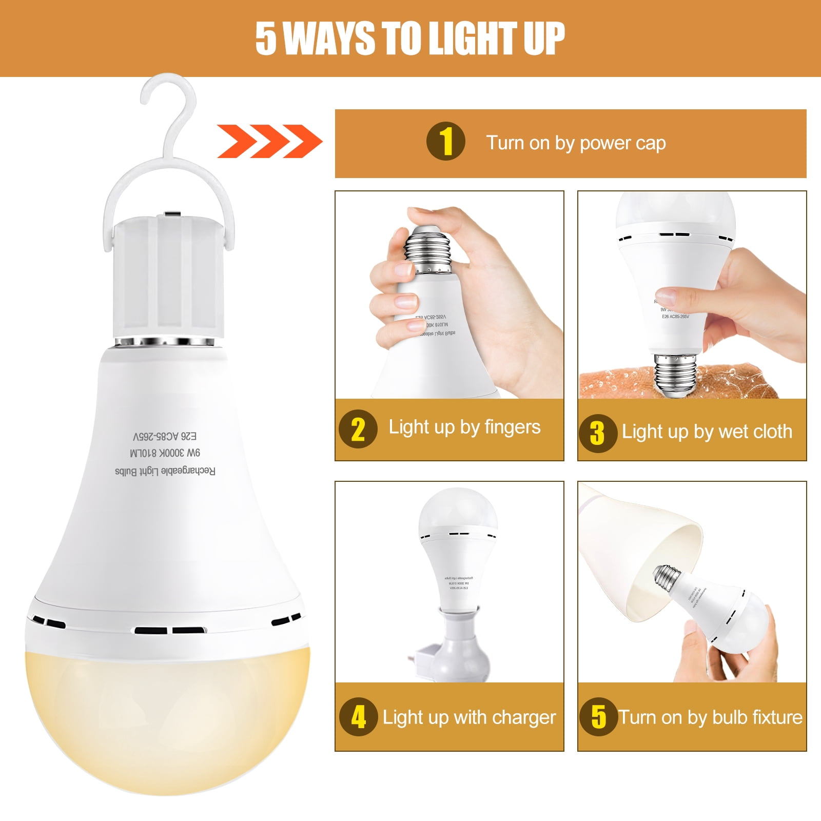 Emergency Rechargeable Light Bulbs 6 PCS, Keep Lighting When Power Failure, A21 9W 60W Equiv., Battery Operated Light Bulb with 1200mAh for Home Camping, Emergency Time 4-5 hrs(with Hook, Warm White)