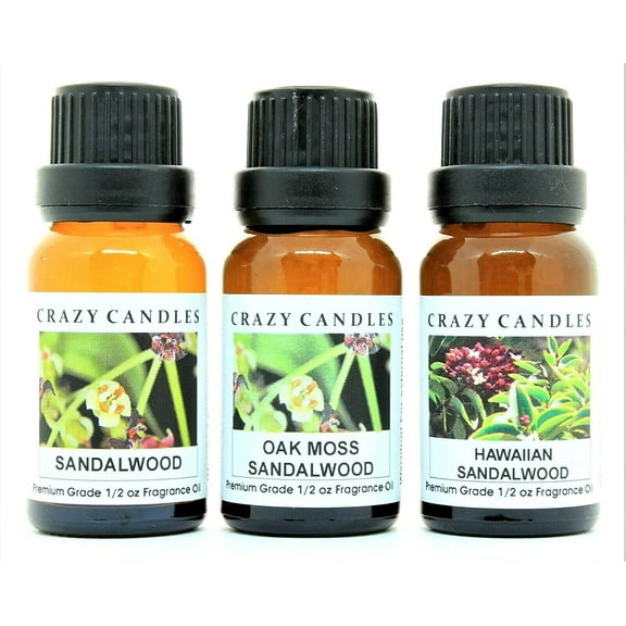 Crazy Candles 3 Bottles Set, 1 Hawaiian Sandalwood, 1 Sandalwood, 1 Oakmoss Sandalwood 1/2 Fl Oz Each (15ml) Premium Grade Scented Fragrance Oils Made in USA