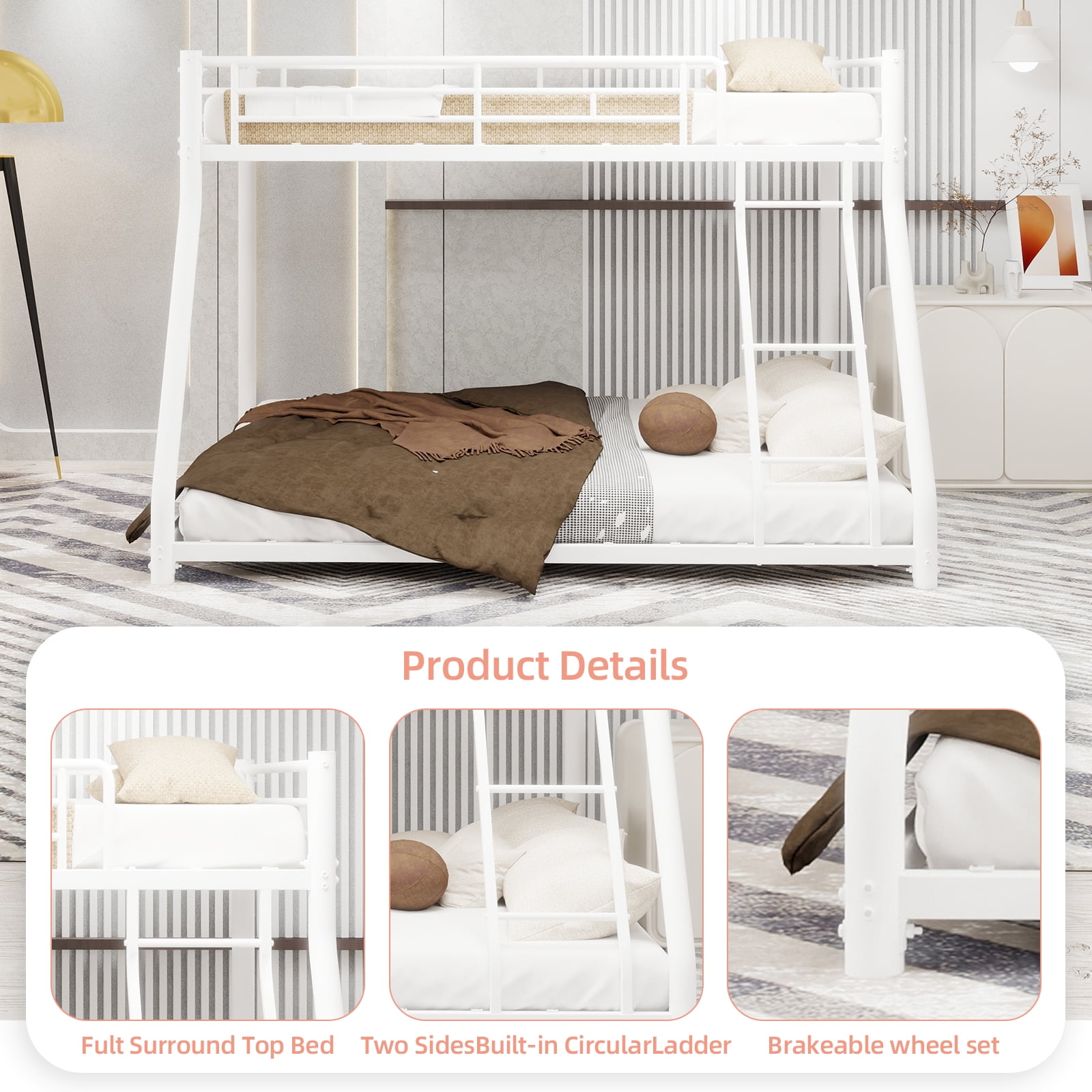 Mintazer Twin Over Full Bunk Bed, Metal Bunk Bed Frame with Guardrails and Ladder for Kids Teens Bedroom Dorm Apartment, White