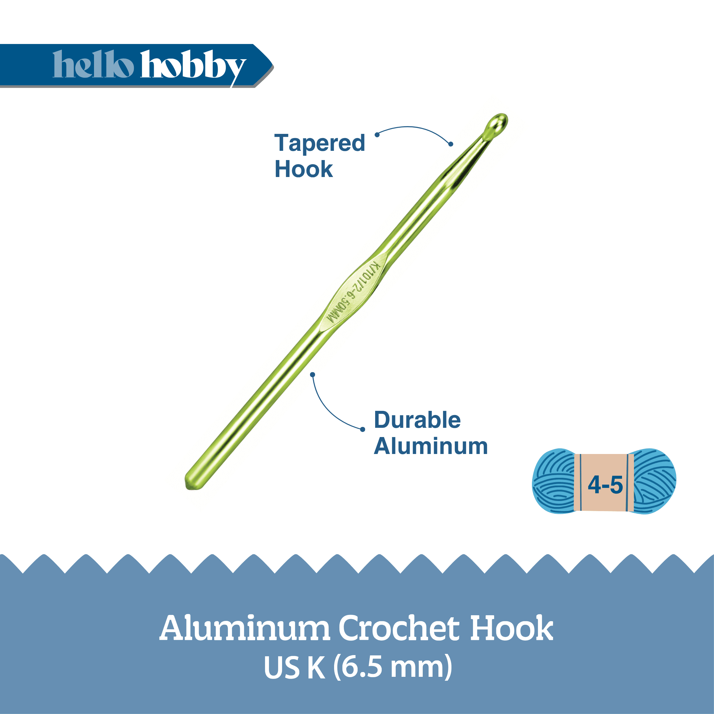 Hello Hobby Aluminum Crochet Hook, Size K, 6.5 mm