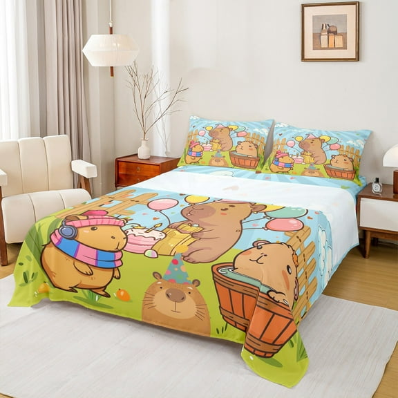 Manfei Cartoon Capybara Twin Sheet Sets 3pcs, Cartoon Animal Tree Lake Twin Fitted Sheet, Children Happy Birthday Gifts Flat Sheet Breathable Home Decor