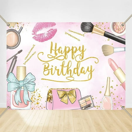 Image of Crefelimas Pink Makeup Happy Birthday Backdrop Spa Party Glamour Party Backdrop Girls Overnight Birthday Cake Table