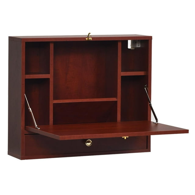 Giantex Wall Mounted Desk, Multi-Function Floating Desk w/Storage Drawer & Shelves, Wall Mounted Computer Desk for Home & Office, Brown