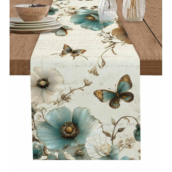 ERUNPONLY Vintage Flowers Table Runner - 70 Inch Long Spring Floral Teal Tulip Butterfly Cotton and Linen Blended Dress Scarves Farmhouse Table Runner for Kitchen Dining, Coffee Table, 13" x 70"