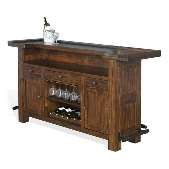 Pemberly Row 78" Farmhouse Wood Bar Unit in Medium Brown