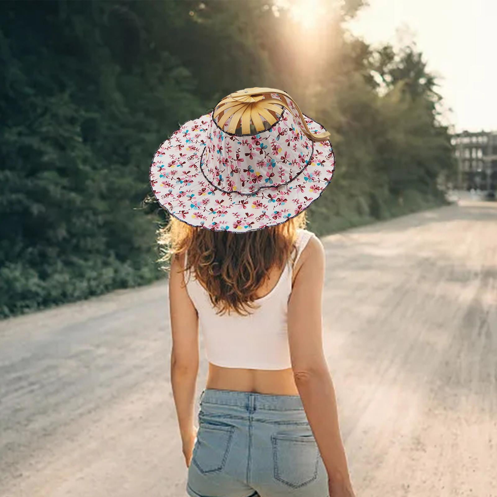 Segolike Bamboo Fan Foldable Sun Hat, Wide Brim, Fashion, Portable  Multifunctional Women Folding Fan Hat Floral Sun Protection Cap for Outdoor  Sports