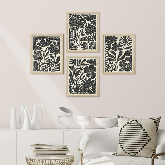 PixonSign Framed Wall Art Silhouette Black and White Floral Posters, Set of 4 Botanical Daisy Flowers Illustrations Wall Decor, Adhesive Canvas Prints for Home Decor - 8"x10" Natural