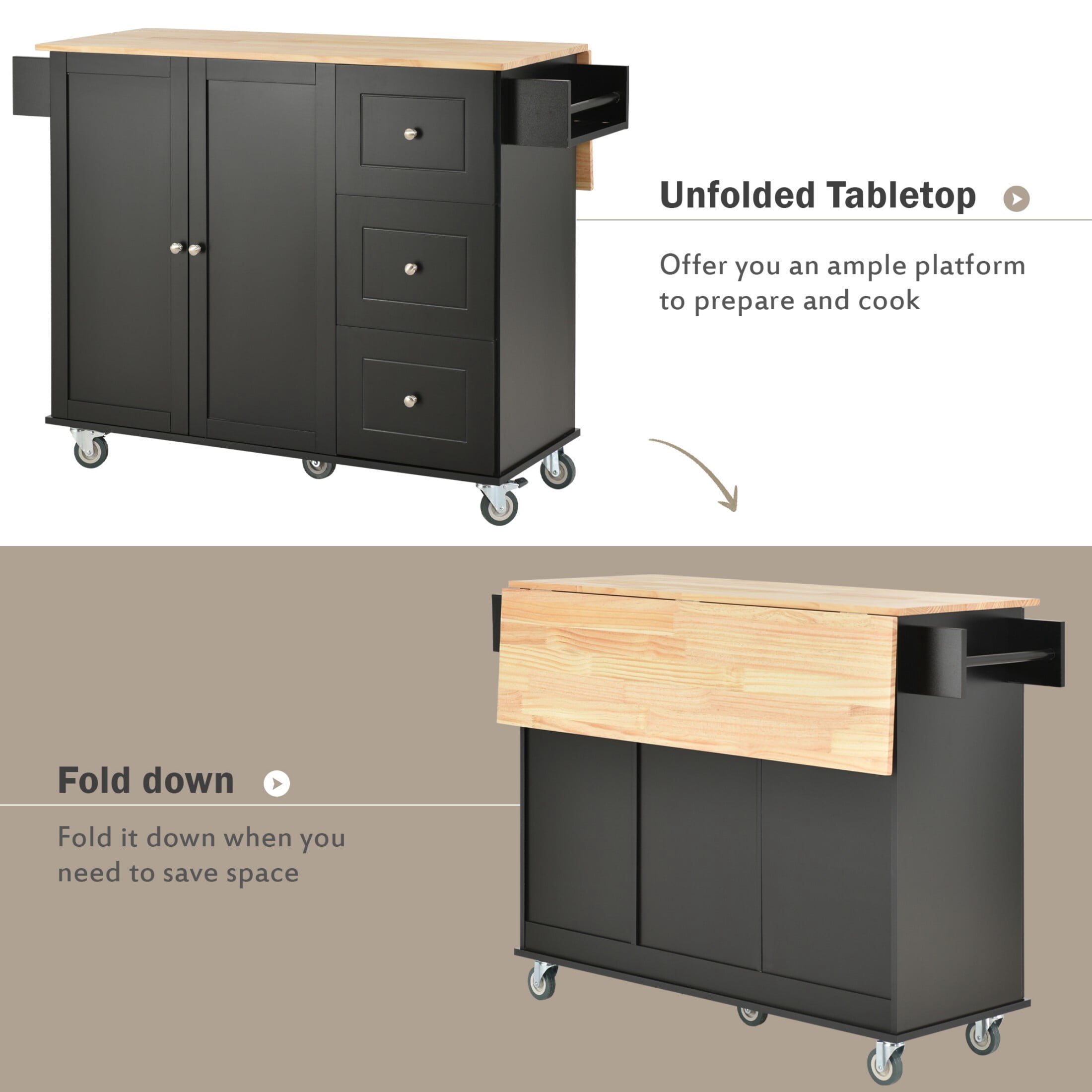 AENKYO 52.7'' Kitchen Island Cart with Drop Leaf, Rolling Kitchen Storage Cart with 3 Drawers, Black