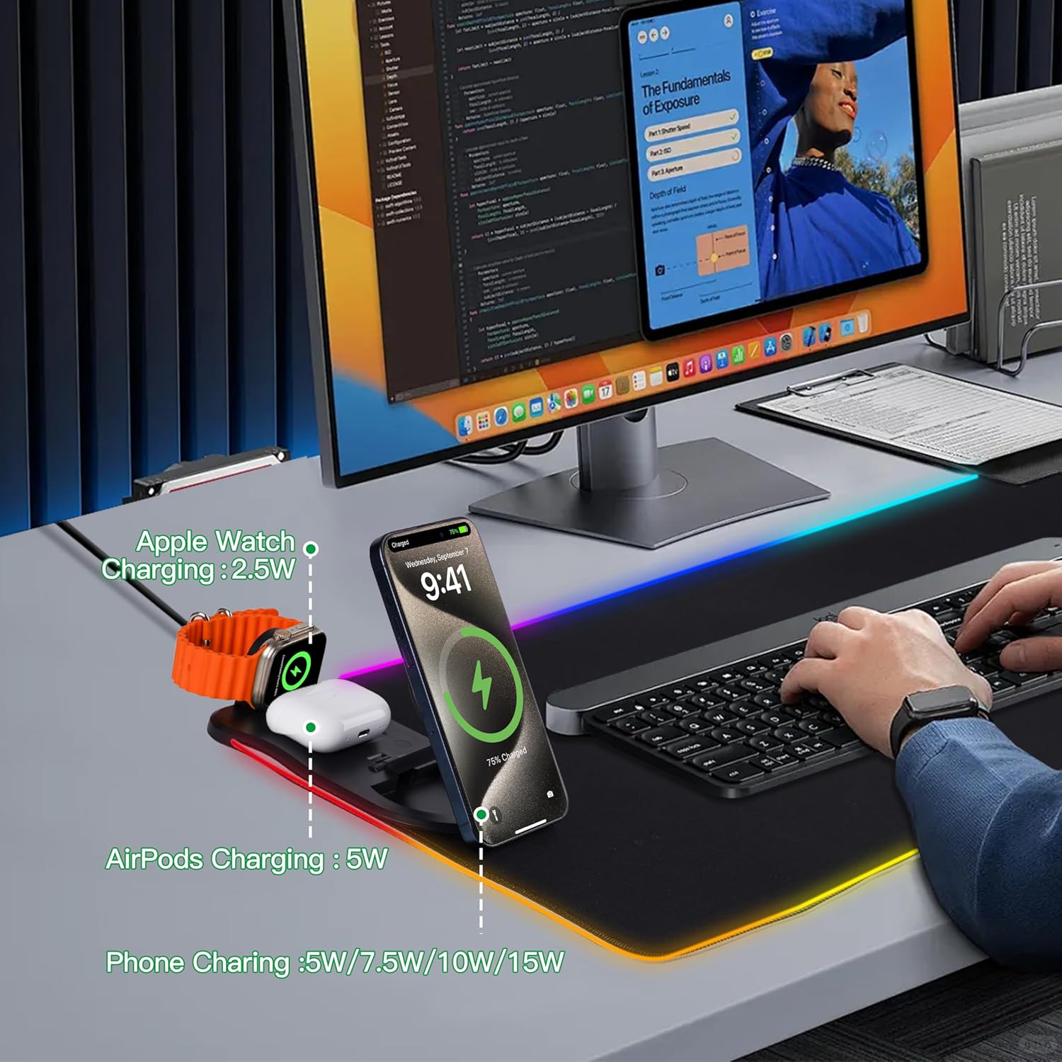 Wireless Charging Mouse Pad, RGB Gaming Desk Mat XXL with Magnetic Wireless Charging Phone Holder for Phone&iWatch&Airpods, Non-Slip Base,15 Lights Colors, Computer Keyboard Mat for MacBook,PC,Laptop