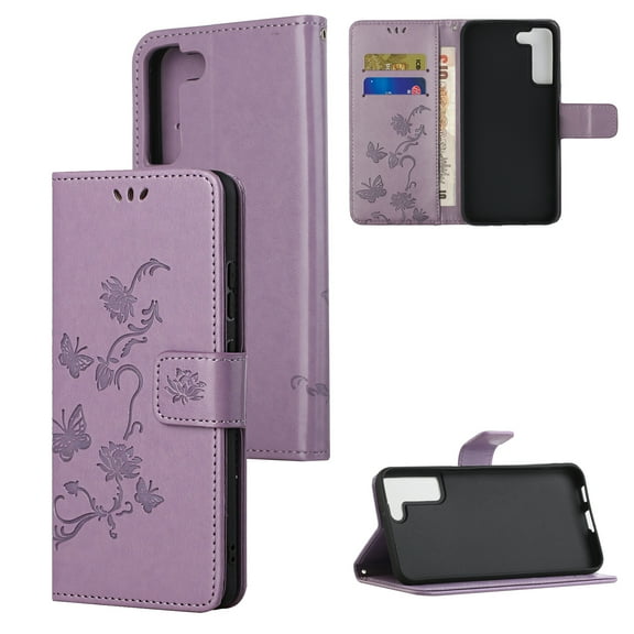 Nalacover Wallet Case for Samsung Galaxy S23, Stylish Flowers Embossed Pattern Premium PU Leather Flip Folio Cover with Card Slots Holder Magnetic Clasp Kickstand Soft TPU Anti-Drop Case,Lightpurple