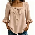 thumbnail image 3 of ZVAVZ Womens Bow Tie Square Neck Blouses Ruffle 3/4 Sleeve T-shirts Cotton Fashion Going Out Dressy Tee Shirts Khaki XL, 3 of 6