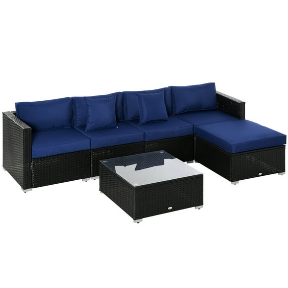 Outsunny 6 Pieces Outdoor PE Rattan Wicker Patio Furniture Sofa Set with Thick Cushions, Deluxe Garden Sectional Couch with Glass Top Table, Black and Dark Blue