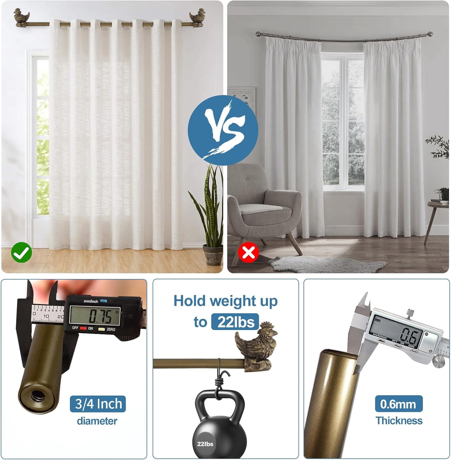 Urbanest Adjustable Single Curtain Rod Set Rooster Finials – 3/4 -Inch Diameter, With Renaissance Gold Rod, 84–120 Inches
