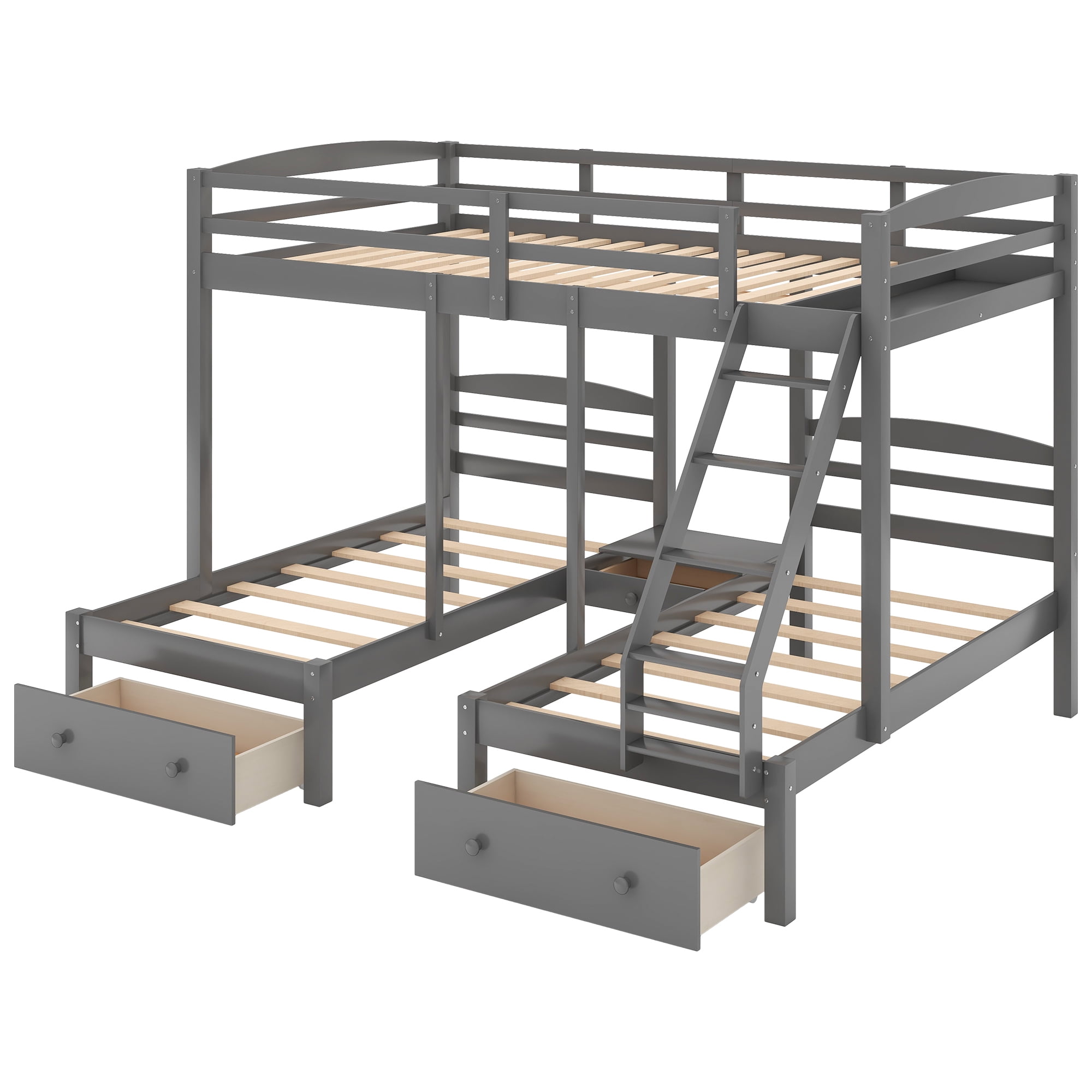 Euroco Wood Storage Bunk Bed, Full over Twin & Twin for Kids Teens Bedroom, 3-in-1 Bunk with 2 Drawers, Gray
