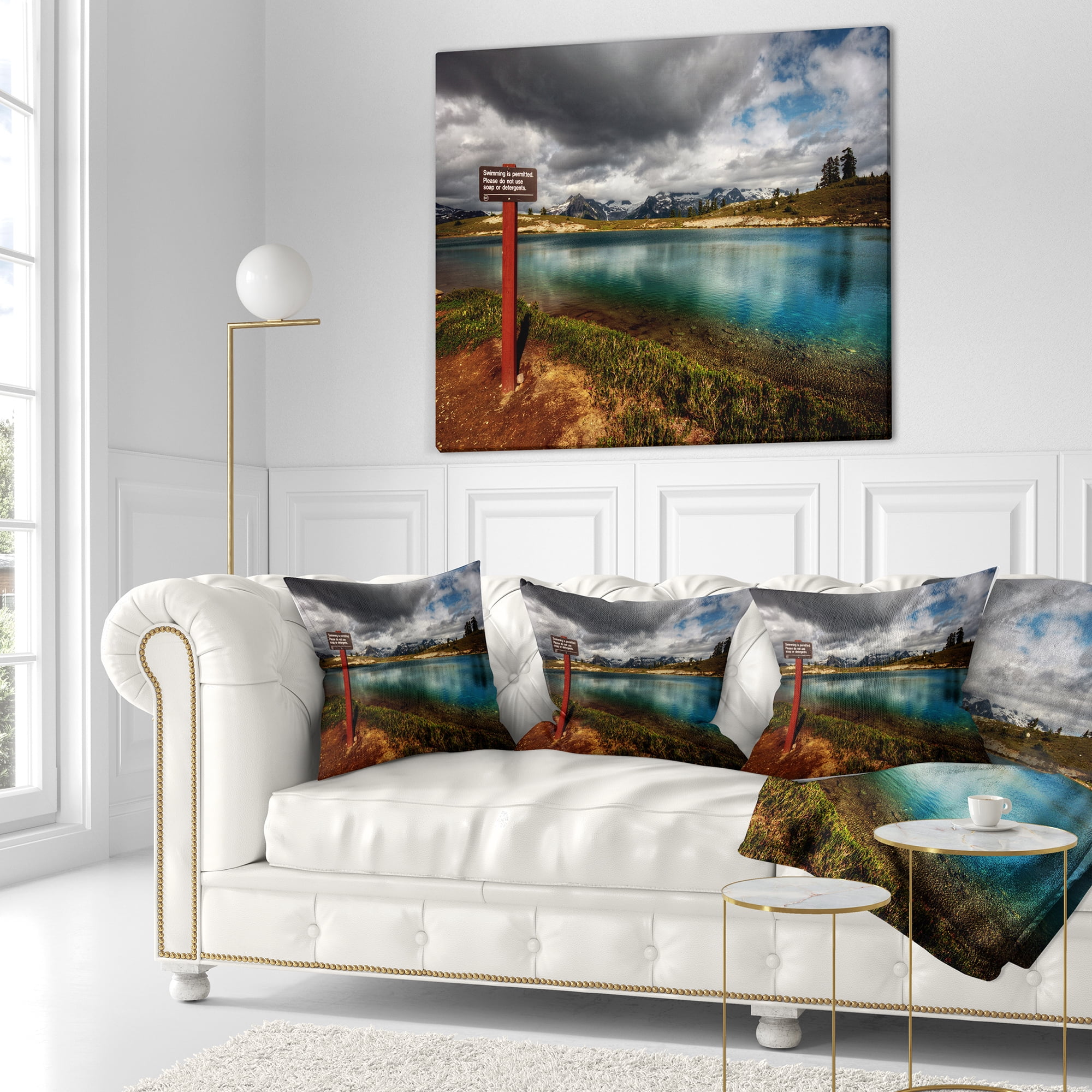 Designart Azure Mountain Lake with Clouds - Landscape Printed Throw Pillow - 16x16