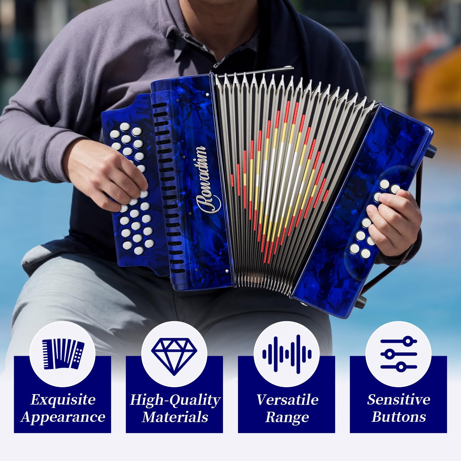 Rowadtim Accordion - 31 Keys, 12 Bass Professional Diatonic, Premium Portable Button Accordion for Adults & Beginners with Thick Protective Case (Blue)