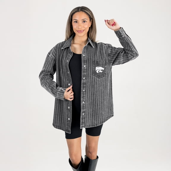 Women's Gameday Couture Black Kansas State Wildcats Oversized Style's the Limit Micro-Rhinestone Stripe Washed Denim
