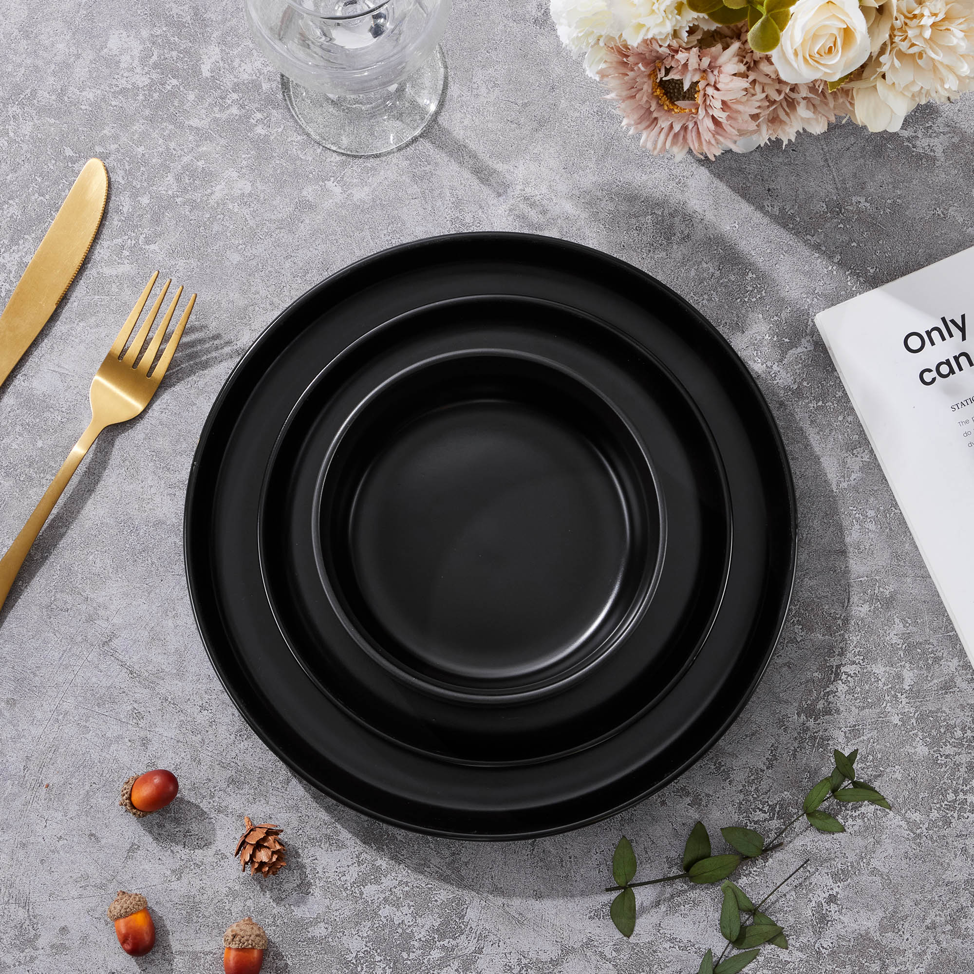 Vesteel Stoneware Dinnerware Set for 4, 12-Piece, Matte Black photo 3
