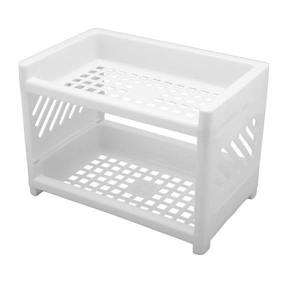 Riousery Desk Organizer 2 Tier Hollow Design Thick White PP Plastic Desktop Display Shelf for Bedroom Bathroom Office Storage, 9.45 inches / 24 cm Length, Cosmetic Rack