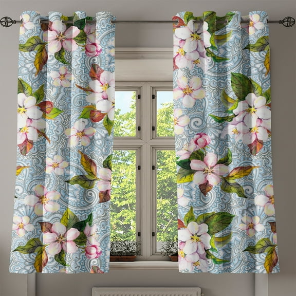 Ambesonne Floral Design Grommet Curtain, Asian Floral Spring, 50"x60", Pale Pink Forest Green