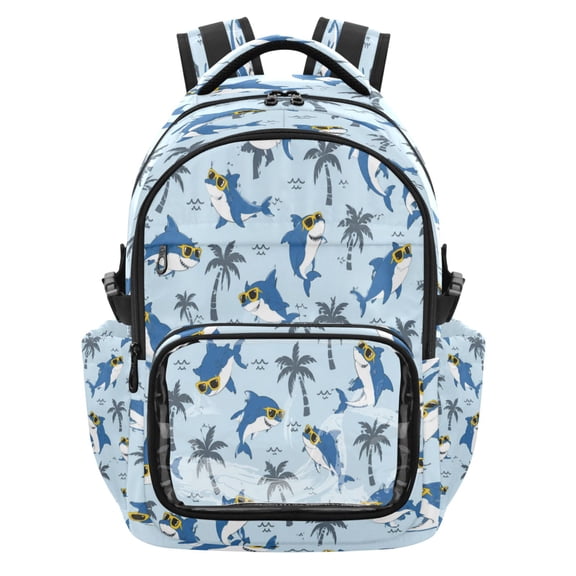 Qxltty Shark Palm Tree Backpack School Bookbag with Clear PVC Front Pocket, Laptop Compartment, Water Resistant Travel Daypack for Students
