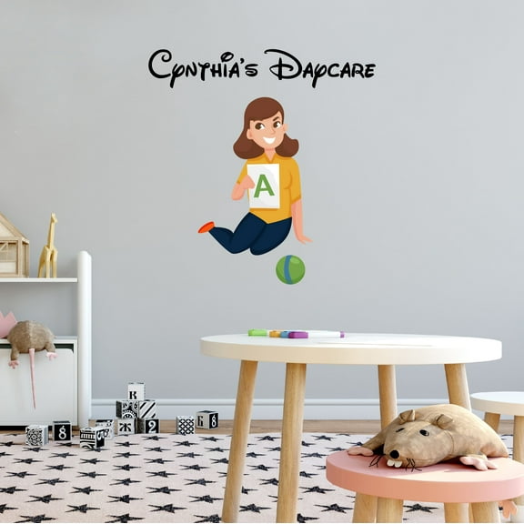 Personalized Name Day Care Wall Decal Happy Teacher Teaching Kids Alphabets Daycare Wall Decal for Care Taker Education Cute Themed Room Decal - Size: 40 In x 40 In