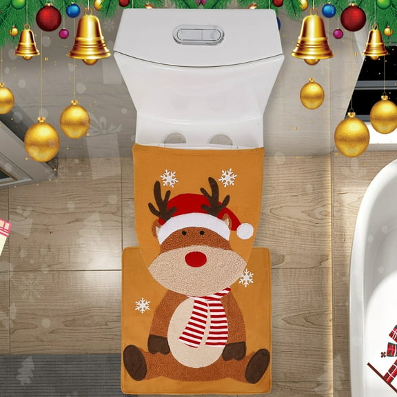 KOYPTL 2 Pcs-Christmas Reindeer Theme Bathroom Rugs,including Toilet Cover,U-Shaped Contour Toilet Mat,Red Christmas Absorbent Non Slip Bath Mats,Machine Washable Bathroom Rugs for Winter Holiday