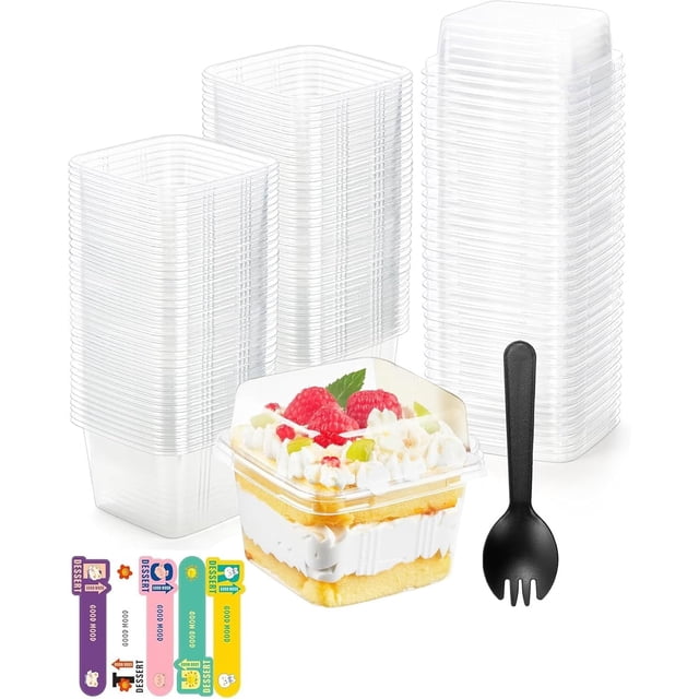 50 Piezas Vasos de postre con 50 Cucharas+50 pegatinas, Tazones para Postre, Mini Tazas de plástico para aperitivos, Para degustar tartas, postres, gelatinas, frutas, mousses, helados