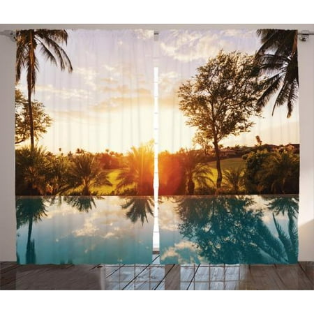 Tropical Curtains 2 Panels Set Home With Swimming Pool At Sunset Tropics Palms Private Villa Resort Scenic View Living Room Bedroom Decor Orange