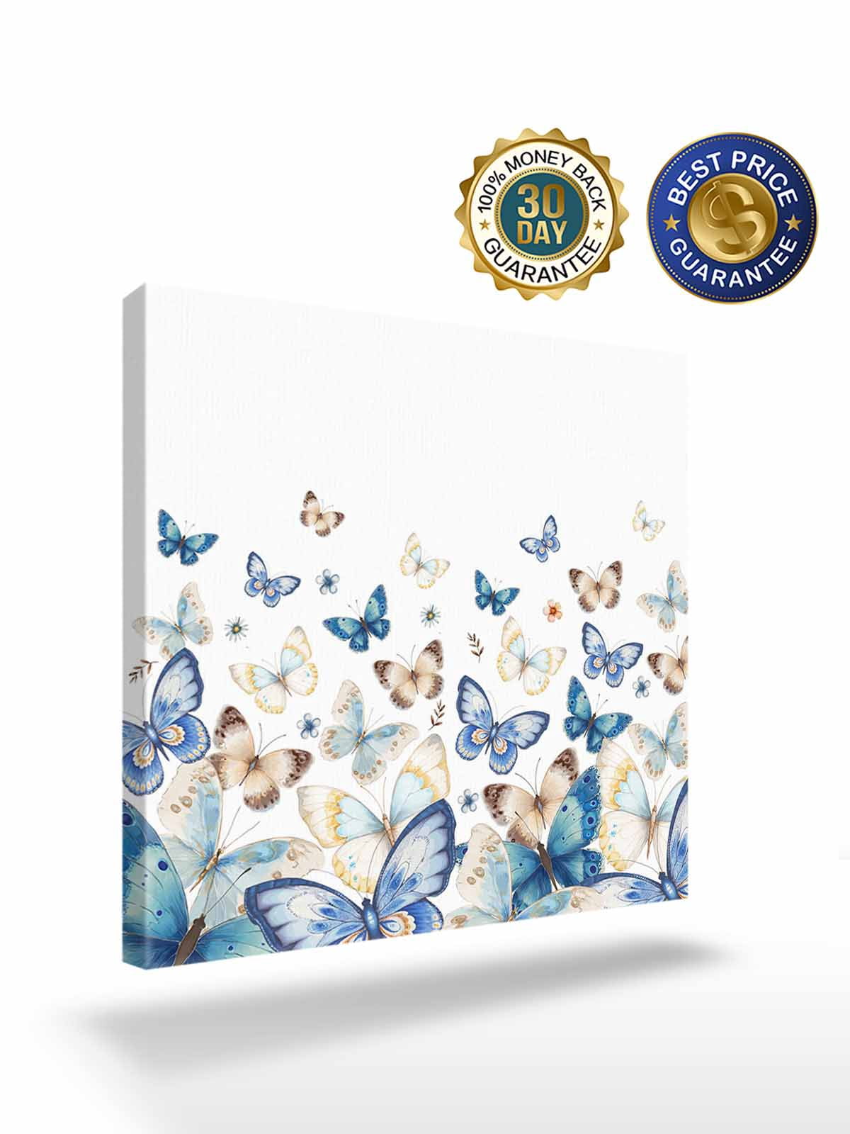 Blue Butterfly Canvas Wall Art, Farmhouse Floral Framed Wall Decor Modern Artwork Prints Painting for Living Room, Bedroom, Kitchen & Cafe Decor 28x28 Inch