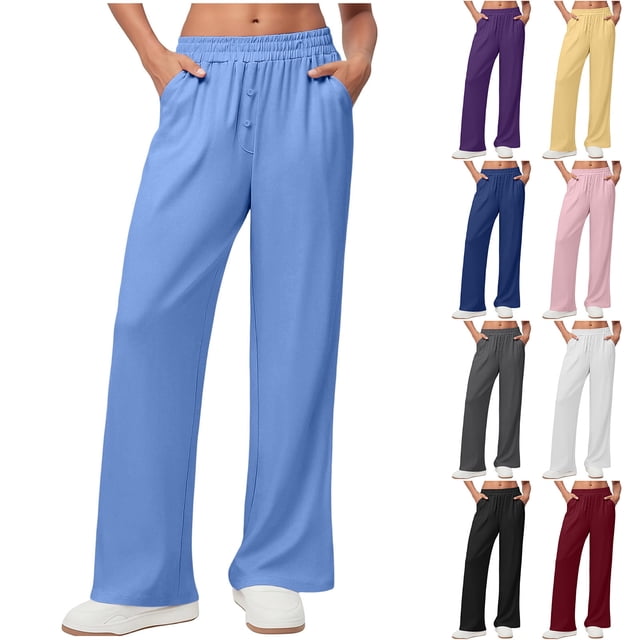 FRSASU Pants for Women Button Elastic Waist Spring Fall Pants Lightweight Solid Color Trousers with Pockets Yellow XL(XL)