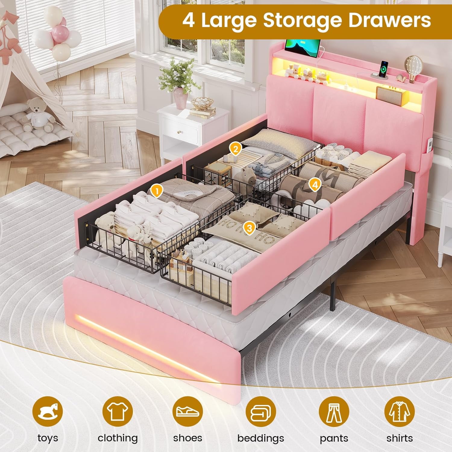 Twin Bed Frames with Storage Headboard and Charging Station, Velvet Upholstered Bed Frame Twin Size with 4 Drawers and LED Lights, Type C and USB, No Box Spring Needed, Pink