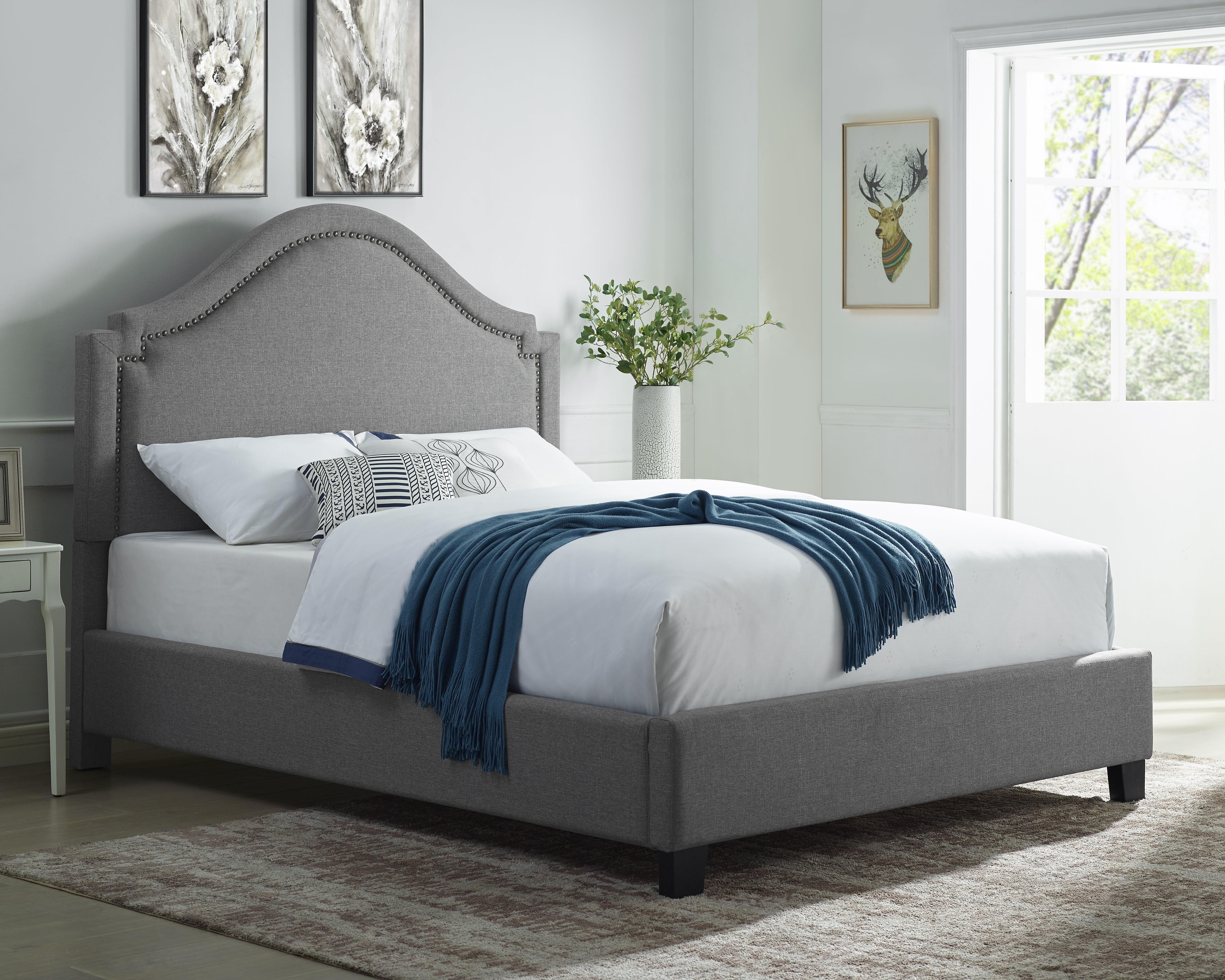 Lida Gray Upholstered Panel Bed with Nailhead Trim