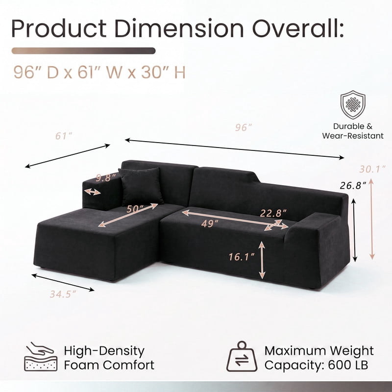 Gewnee 96" Modular Sleeper Sofa Bed, Boneless Sectional Couch with Deep Seat, Boneless Couches for Living Room, Black（Corduroy）