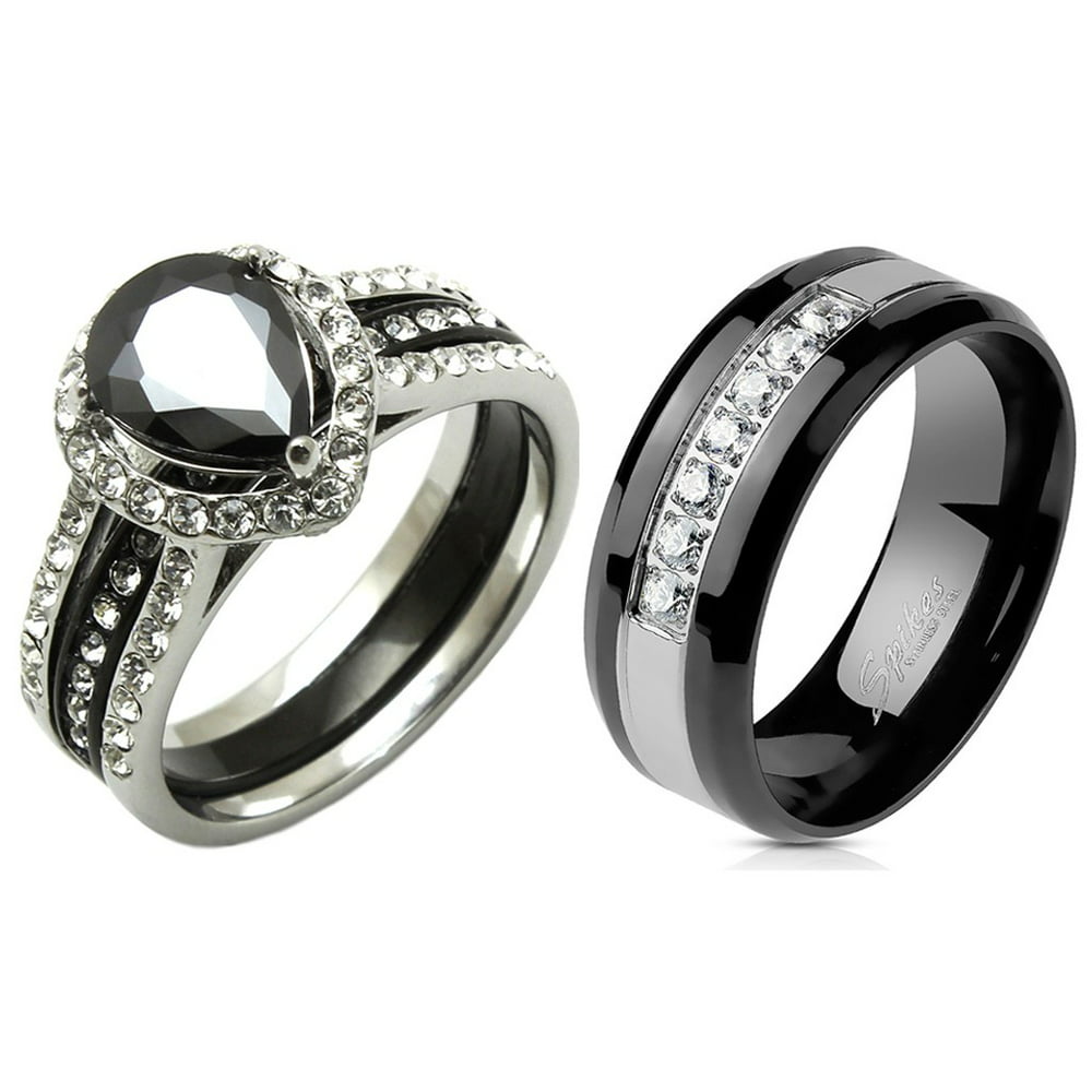 La Ny Jewelry - His Hers Ring Set Womens Black Pear Cut CZ Two Tone ...